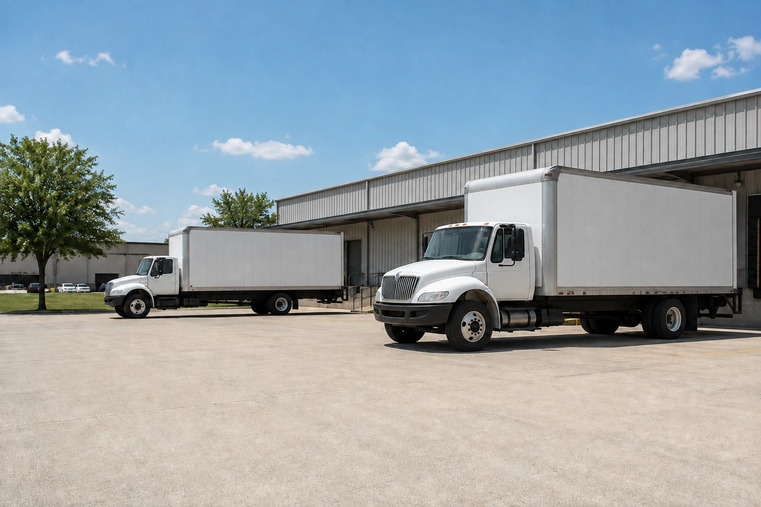 Two unbranded box trucks on a sunlit warehouse apron