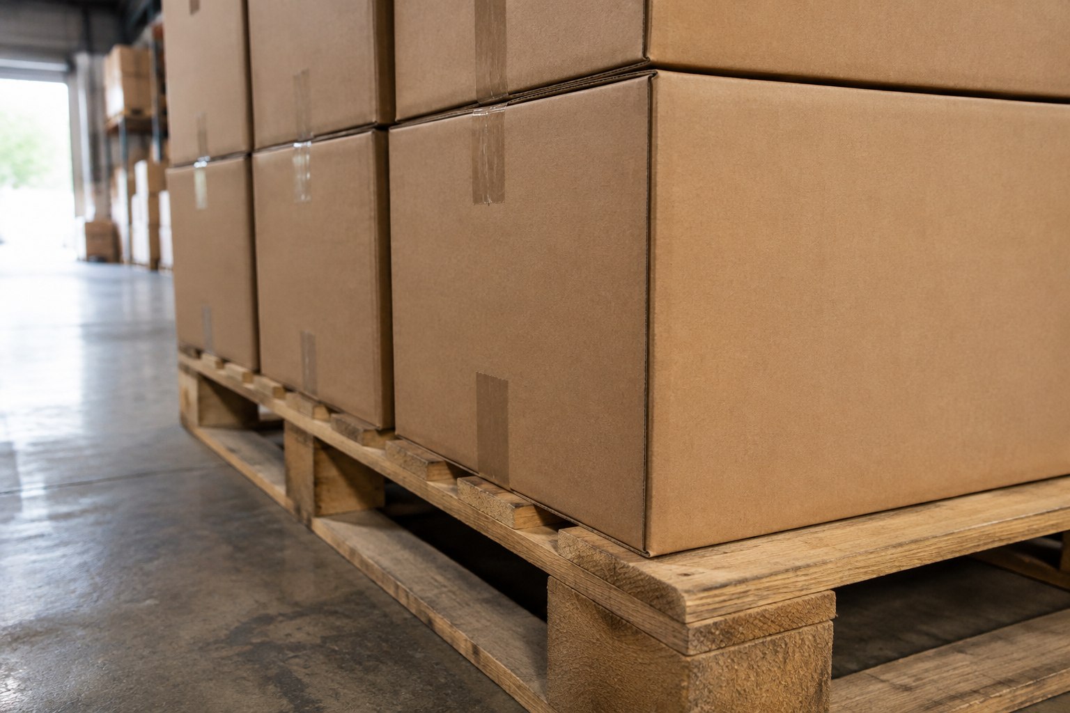 Close detail of unmarked cartons stacked on a wooden pallet
