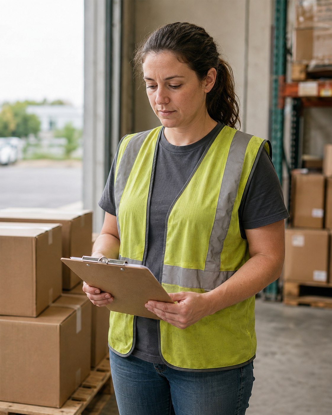 A warehouse worker checking a clipboard beside cartons