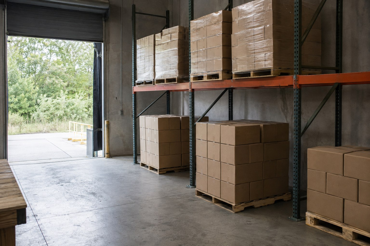 Palletized goods beside a warehouse loading door